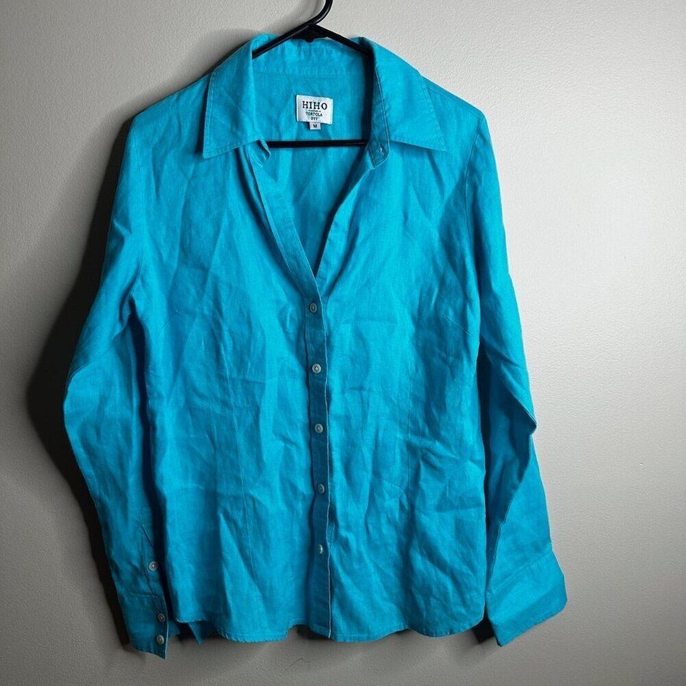 Hiho Designed in Tortola Button Up‎ Top Womens Sz M Turquoise 100% Linen Coastal